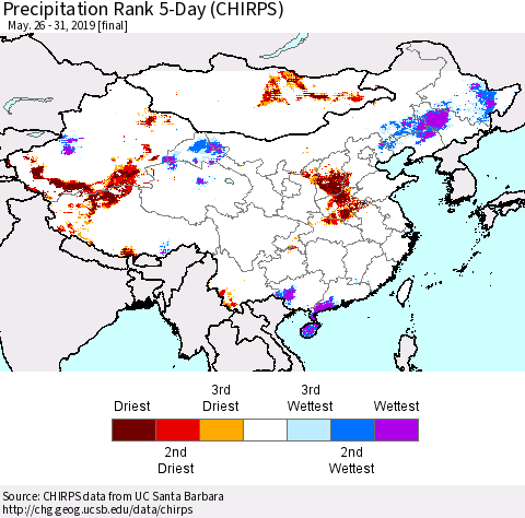 China and Taiwan Precipitation Rank 5-Day (CHIRPS) Thematic Map For 5/26/2019 - 5/31/2019