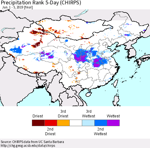 China and Taiwan Precipitation Rank 5-Day (CHIRPS) Thematic Map For 6/1/2019 - 6/5/2019