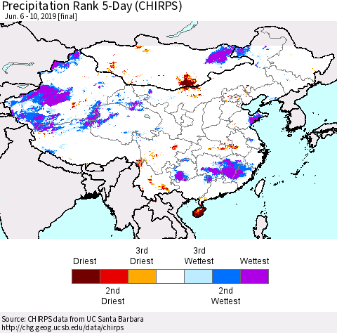China and Taiwan Precipitation Rank 5-Day (CHIRPS) Thematic Map For 6/6/2019 - 6/10/2019