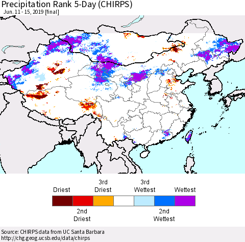 China and Taiwan Precipitation Rank 5-Day (CHIRPS) Thematic Map For 6/11/2019 - 6/15/2019