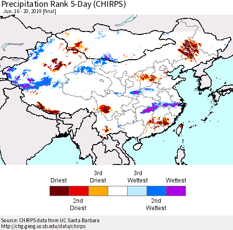 China, Mongolia and Taiwan Precipitation Rank since 1981, 5-Day (CHIRPS) Thematic Map For 6/16/2019 - 6/20/2019