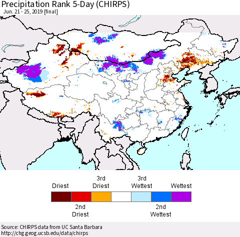 China and Taiwan Precipitation Rank 5-Day (CHIRPS) Thematic Map For 6/21/2019 - 6/25/2019