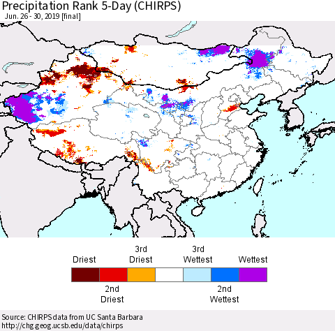China and Taiwan Precipitation Rank 5-Day (CHIRPS) Thematic Map For 6/26/2019 - 6/30/2019