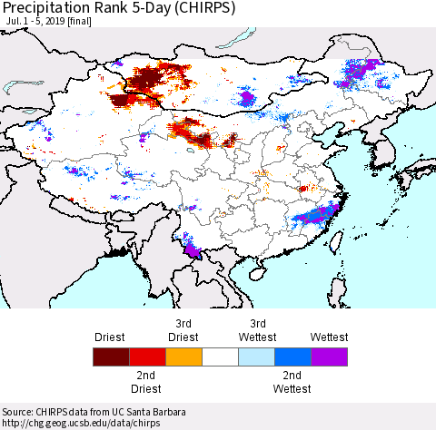 China and Taiwan Precipitation Rank 5-Day (CHIRPS) Thematic Map For 7/1/2019 - 7/5/2019