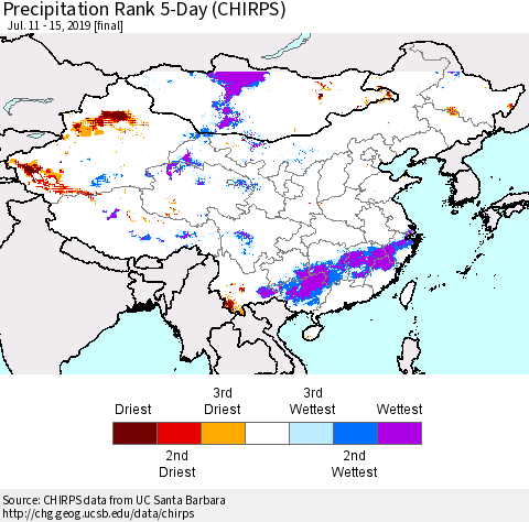 China and Taiwan Precipitation Rank 5-Day (CHIRPS) Thematic Map For 7/11/2019 - 7/15/2019