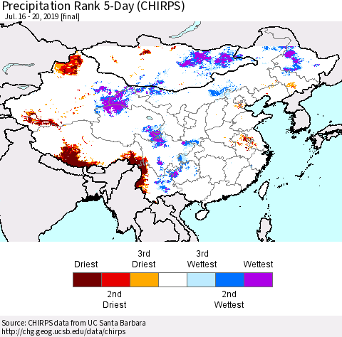 China and Taiwan Precipitation Rank 5-Day (CHIRPS) Thematic Map For 7/16/2019 - 7/20/2019