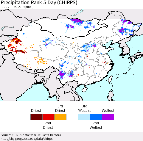 China and Taiwan Precipitation Rank 5-Day (CHIRPS) Thematic Map For 7/21/2019 - 7/25/2019