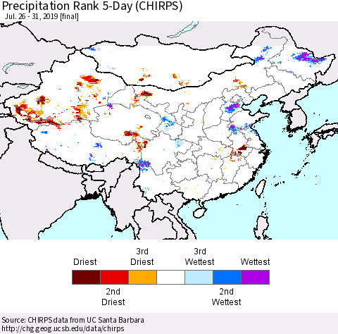 China and Taiwan Precipitation Rank 5-Day (CHIRPS) Thematic Map For 7/26/2019 - 7/31/2019