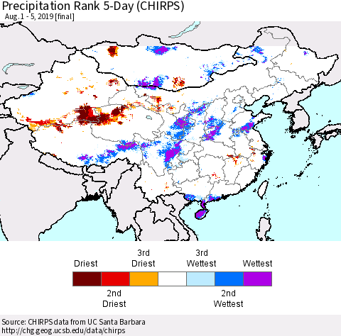 China and Taiwan Precipitation Rank 5-Day (CHIRPS) Thematic Map For 8/1/2019 - 8/5/2019