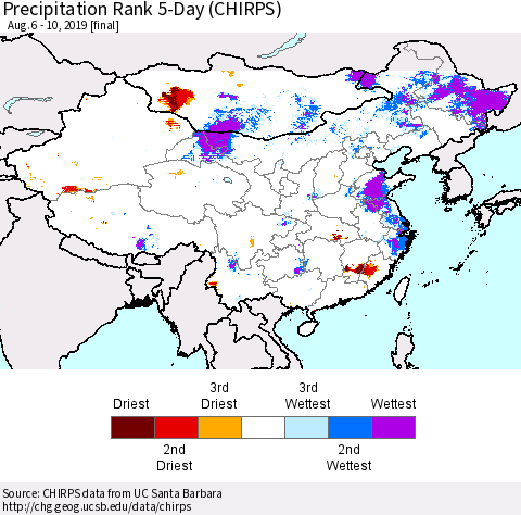 China and Taiwan Precipitation Rank 5-Day (CHIRPS) Thematic Map For 8/6/2019 - 8/10/2019