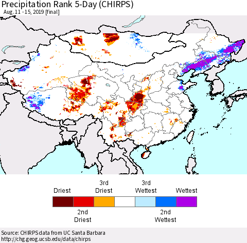 China, Mongolia and Taiwan Precipitation Rank since 1981, 5-Day (CHIRPS) Thematic Map For 8/11/2019 - 8/15/2019
