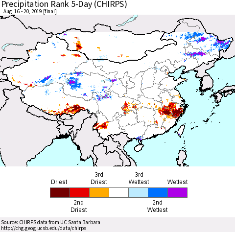 China, Mongolia and Taiwan Precipitation Rank since 1981, 5-Day (CHIRPS) Thematic Map For 8/16/2019 - 8/20/2019