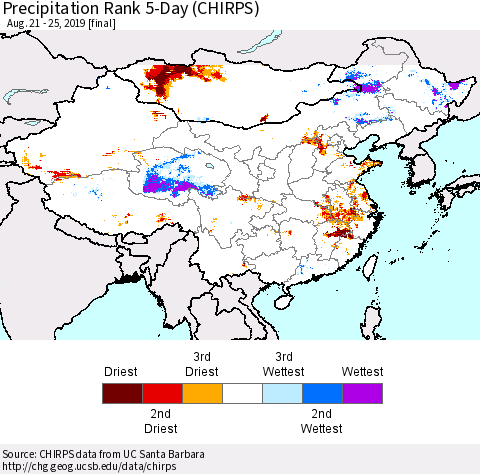 China, Mongolia and Taiwan Precipitation Rank since 1981, 5-Day (CHIRPS) Thematic Map For 8/21/2019 - 8/25/2019