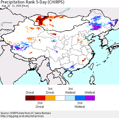 China and Taiwan Precipitation Rank 5-Day (CHIRPS) Thematic Map For 8/26/2019 - 8/31/2019