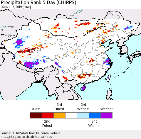 China and Taiwan Precipitation Rank 5-Day (CHIRPS) Thematic Map For 9/1/2019 - 9/5/2019