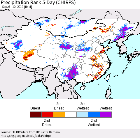 China, Mongolia and Taiwan Precipitation Rank since 1981, 5-Day (CHIRPS) Thematic Map For 9/6/2019 - 9/10/2019