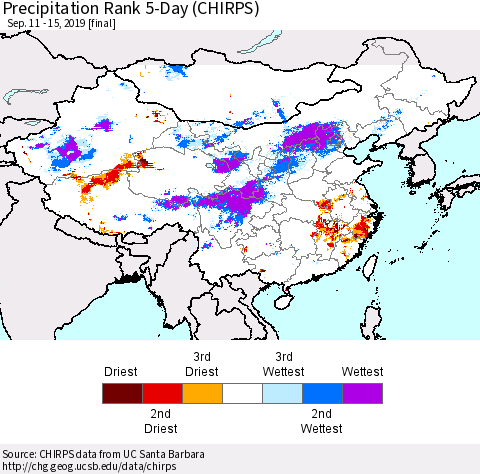 China and Taiwan Precipitation Rank 5-Day (CHIRPS) Thematic Map For 9/11/2019 - 9/15/2019