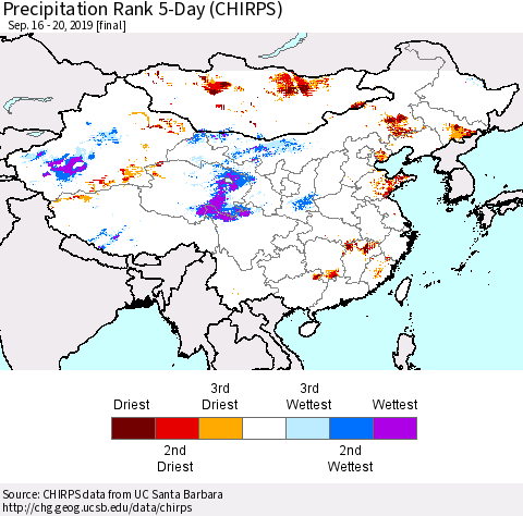 China, Mongolia and Taiwan Precipitation Rank since 1981, 5-Day (CHIRPS) Thematic Map For 9/16/2019 - 9/20/2019