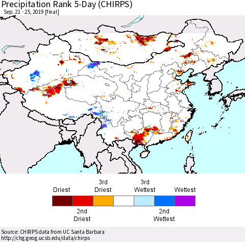 China and Taiwan Precipitation Rank 5-Day (CHIRPS) Thematic Map For 9/21/2019 - 9/25/2019