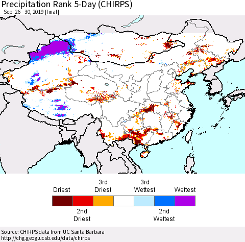 China, Mongolia and Taiwan Precipitation Rank since 1981, 5-Day (CHIRPS) Thematic Map For 9/26/2019 - 9/30/2019
