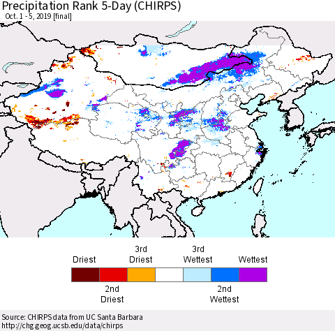 China and Taiwan Precipitation Rank 5-Day (CHIRPS) Thematic Map For 10/1/2019 - 10/5/2019