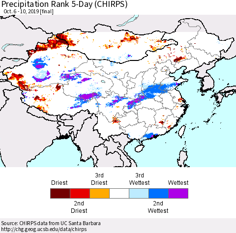 China and Taiwan Precipitation Rank 5-Day (CHIRPS) Thematic Map For 10/6/2019 - 10/10/2019