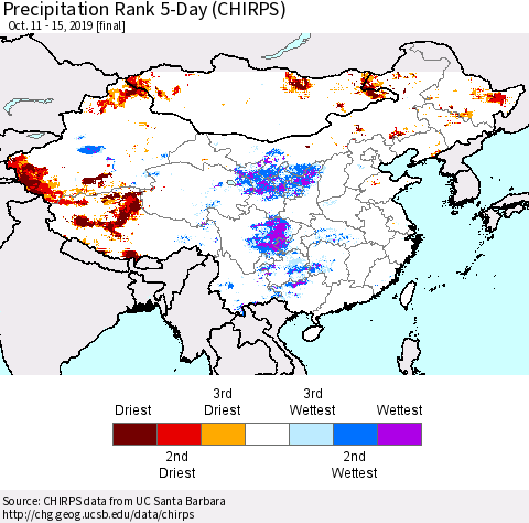 China and Taiwan Precipitation Rank 5-Day (CHIRPS) Thematic Map For 10/11/2019 - 10/15/2019