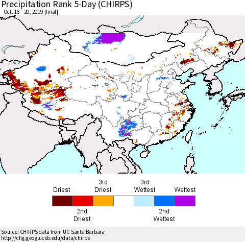 China and Taiwan Precipitation Rank 5-Day (CHIRPS) Thematic Map For 10/16/2019 - 10/20/2019