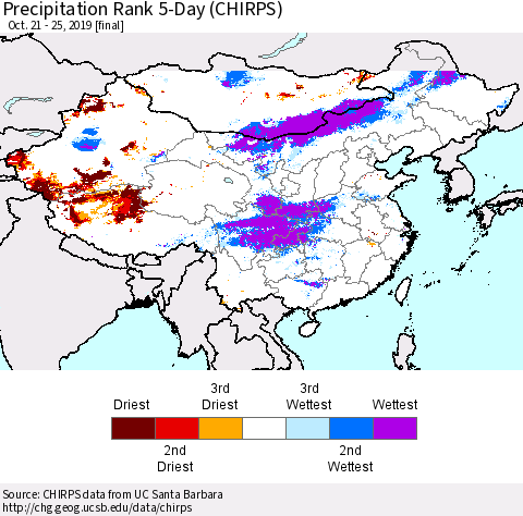 China and Taiwan Precipitation Rank 5-Day (CHIRPS) Thematic Map For 10/21/2019 - 10/25/2019