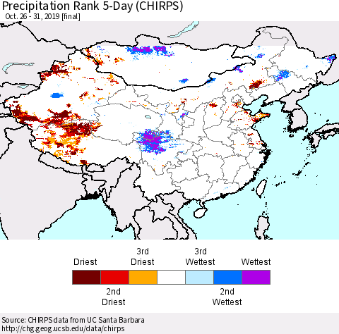 China and Taiwan Precipitation Rank 5-Day (CHIRPS) Thematic Map For 10/26/2019 - 10/31/2019