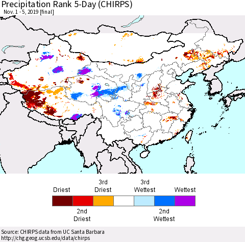 China and Taiwan Precipitation Rank 5-Day (CHIRPS) Thematic Map For 11/1/2019 - 11/5/2019