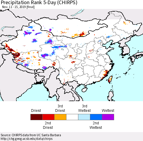 China and Taiwan Precipitation Rank 5-Day (CHIRPS) Thematic Map For 11/11/2019 - 11/15/2019