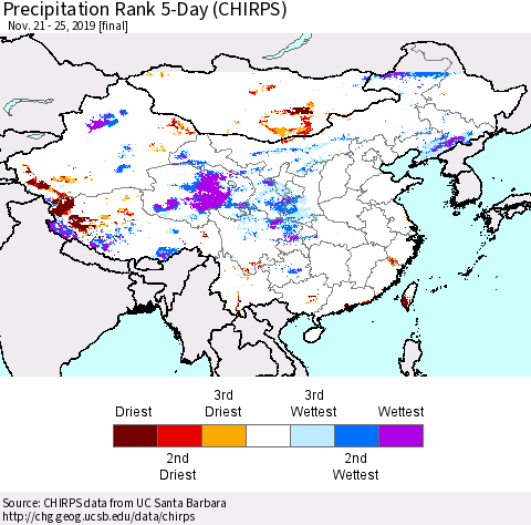 China, Mongolia and Taiwan Precipitation Rank since 1981, 5-Day (CHIRPS) Thematic Map For 11/21/2019 - 11/25/2019