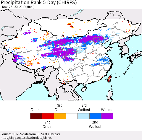 China, Mongolia and Taiwan Precipitation Rank since 1981, 5-Day (CHIRPS) Thematic Map For 11/26/2019 - 11/30/2019