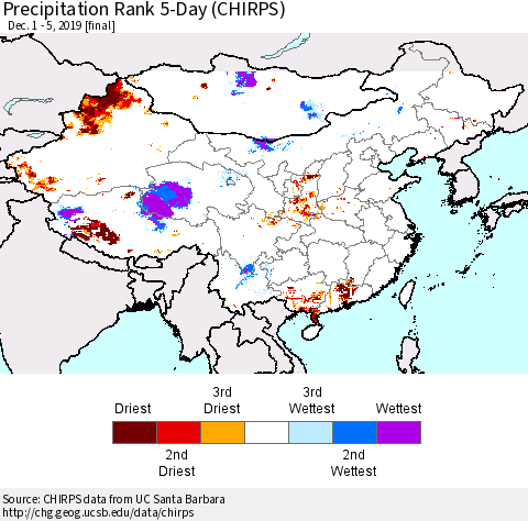 China and Taiwan Precipitation Rank 5-Day (CHIRPS) Thematic Map For 12/1/2019 - 12/5/2019