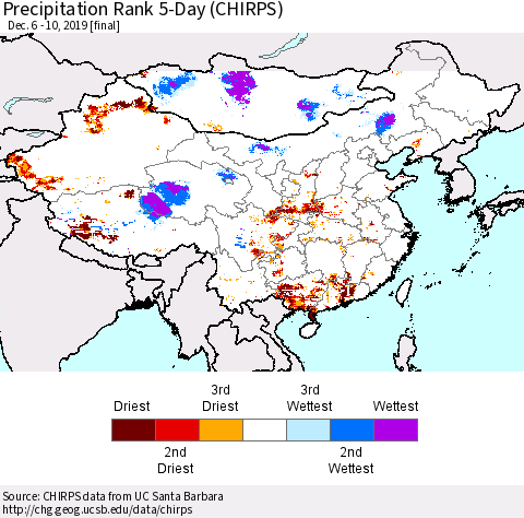 China and Taiwan Precipitation Rank 5-Day (CHIRPS) Thematic Map For 12/6/2019 - 12/10/2019