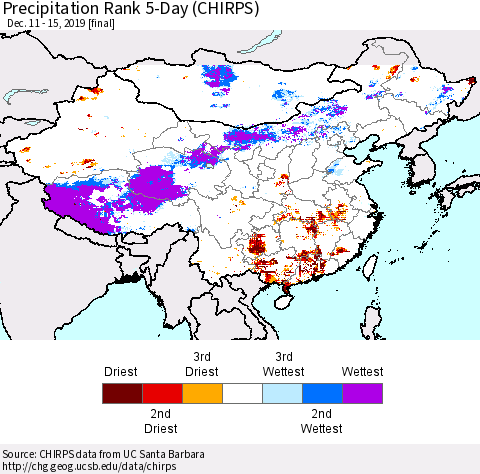 China and Taiwan Precipitation Rank 5-Day (CHIRPS) Thematic Map For 12/11/2019 - 12/15/2019