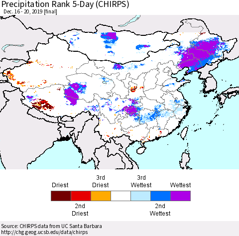 China and Taiwan Precipitation Rank 5-Day (CHIRPS) Thematic Map For 12/16/2019 - 12/20/2019