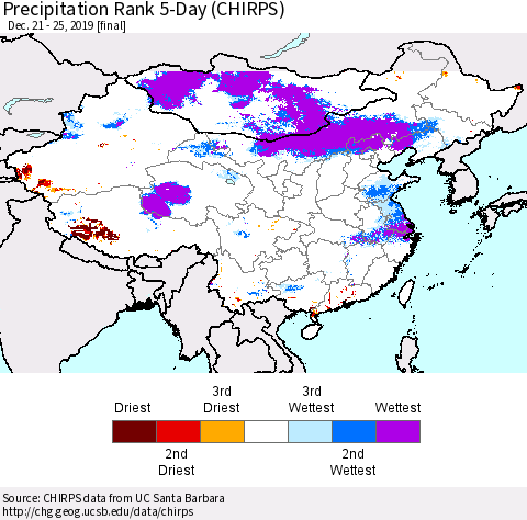 China and Taiwan Precipitation Rank 5-Day (CHIRPS) Thematic Map For 12/21/2019 - 12/25/2019