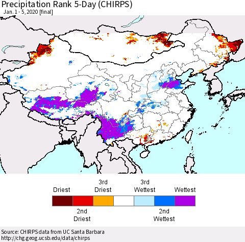 China, Mongolia and Taiwan Precipitation Rank since 1981, 5-Day (CHIRPS) Thematic Map For 1/1/2020 - 1/5/2020