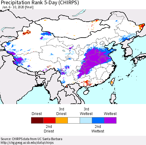 China, Mongolia and Taiwan Precipitation Rank since 1981, 5-Day (CHIRPS) Thematic Map For 1/6/2020 - 1/10/2020