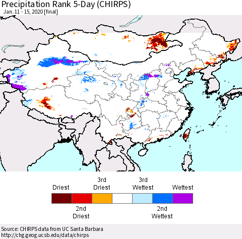 China and Taiwan Precipitation Rank 5-Day (CHIRPS) Thematic Map For 1/11/2020 - 1/15/2020