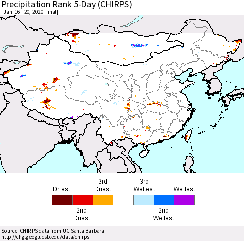 China and Taiwan Precipitation Rank 5-Day (CHIRPS) Thematic Map For 1/16/2020 - 1/20/2020