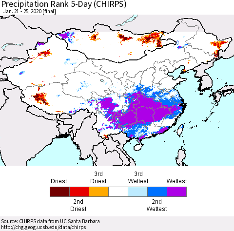 China, Mongolia and Taiwan Precipitation Rank since 1981, 5-Day (CHIRPS) Thematic Map For 1/21/2020 - 1/25/2020