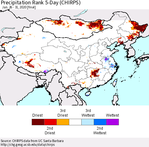 China, Mongolia and Taiwan Precipitation Rank since 1981, 5-Day (CHIRPS) Thematic Map For 1/26/2020 - 1/31/2020