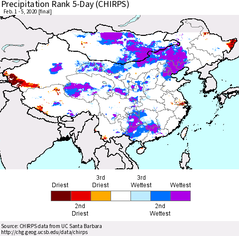 China and Taiwan Precipitation Rank 5-Day (CHIRPS) Thematic Map For 2/1/2020 - 2/5/2020