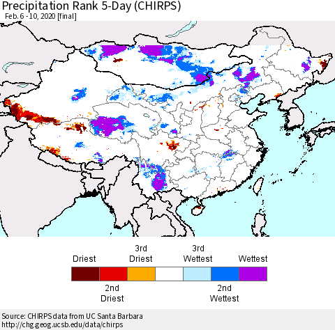 China, Mongolia and Taiwan Precipitation Rank since 1981, 5-Day (CHIRPS) Thematic Map For 2/6/2020 - 2/10/2020