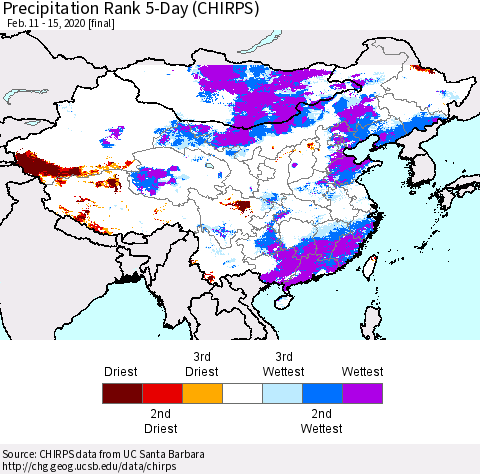 China and Taiwan Precipitation Rank 5-Day (CHIRPS) Thematic Map For 2/11/2020 - 2/15/2020