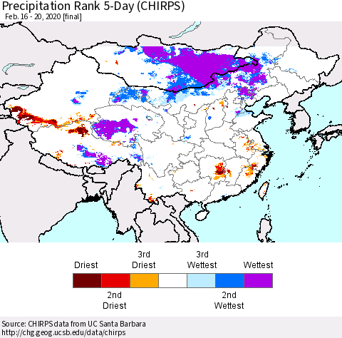 China and Taiwan Precipitation Rank 5-Day (CHIRPS) Thematic Map For 2/16/2020 - 2/20/2020