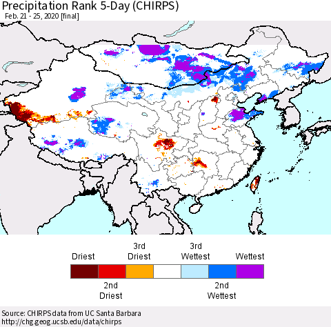 China and Taiwan Precipitation Rank 5-Day (CHIRPS) Thematic Map For 2/21/2020 - 2/25/2020